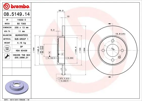Диск гальмівний передній невентильований Chery Cowin II, E3, Fengyun 88-25р Brembo (08.5149.14) - фото 2