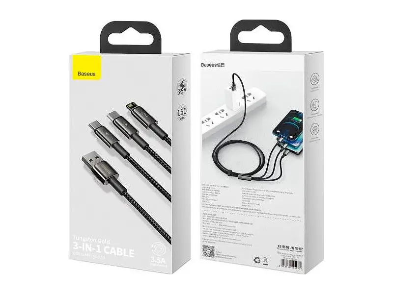 Кабель Lightning / Micro USB / USB Type-C BASEUS Tungsten Gold 3-in-1 1.5m Black (CAMLTWJ-01) - фото 3