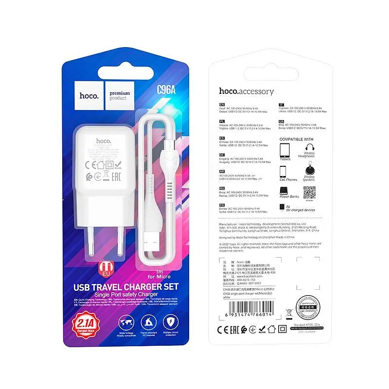 Адаптер мережевий HOCO Micro USB cable single port charger set C96A білий - фото 4