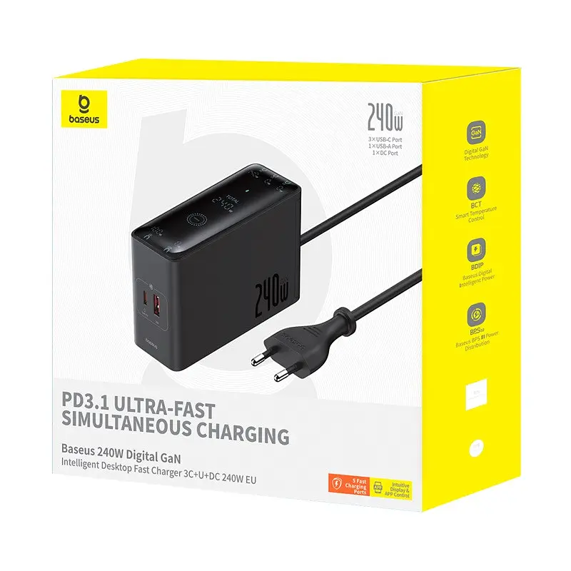 Сітчастий зарядний пристрій Baseus Baseus Digital GaN Intelligent Desktop Fast Charger 3C+U+DC 240W EU Cluster чорний - фото 2