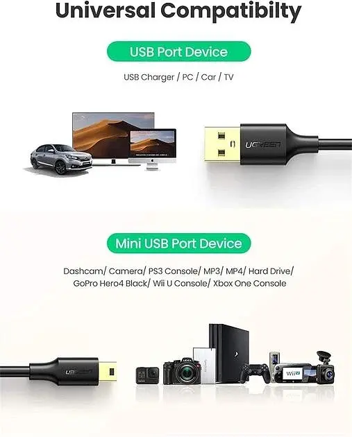 Зарядний кабель Ugreen US132 Mini USB to USB 2.0 0.25 M Black (10353) - фото 3