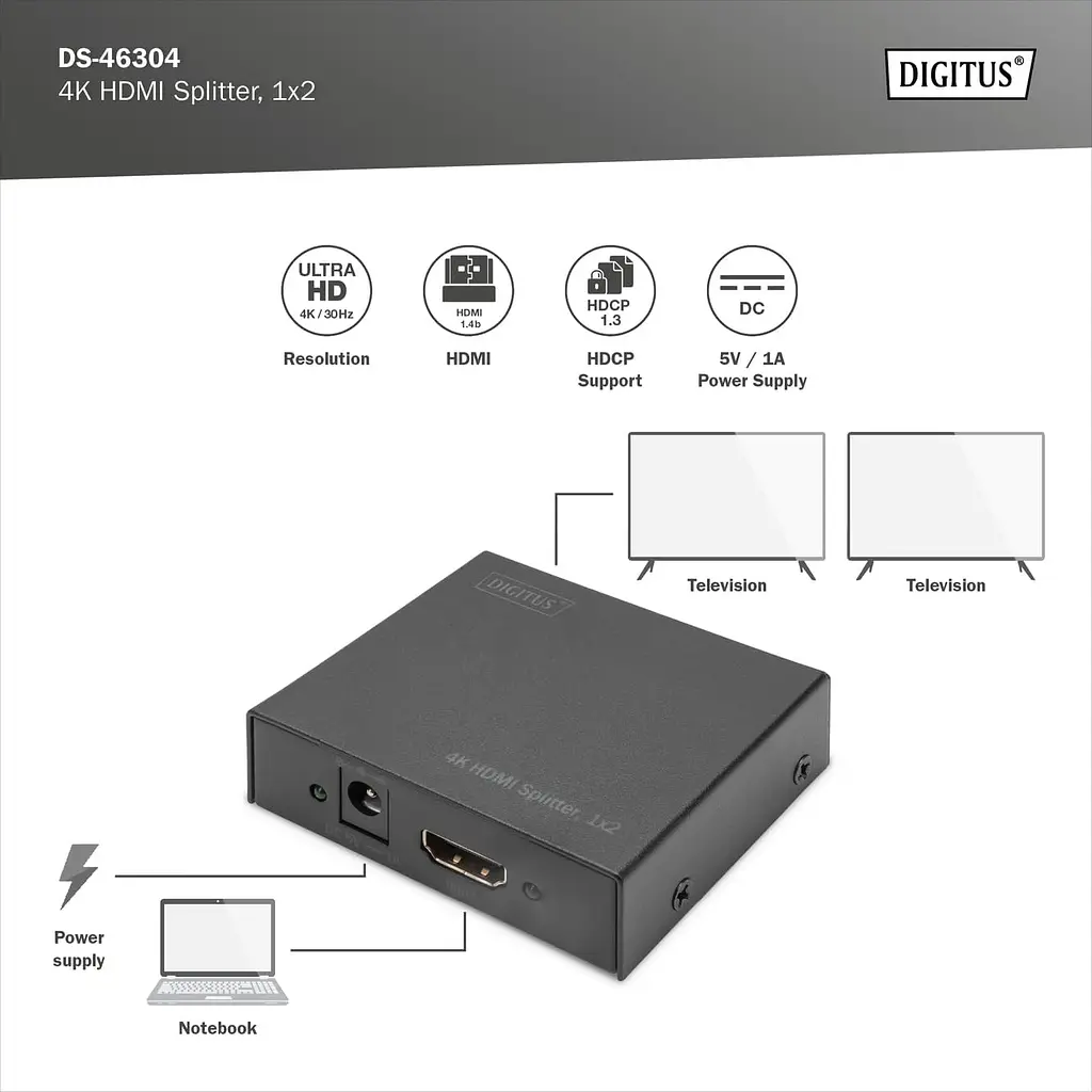 Подовжувач Digitus 4K HDMI Splitter, 2-port - фото 3