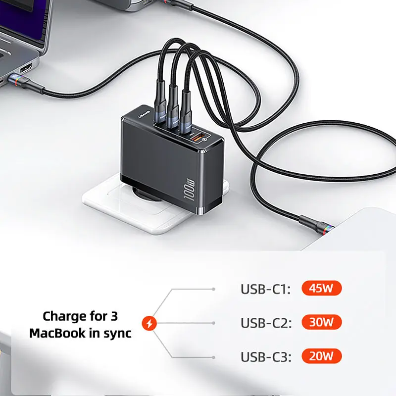 МЗП Usams US-CC163 T50 4 Ports GaN Fast Charger 100W (1USB-A/3C) Black - фото 4