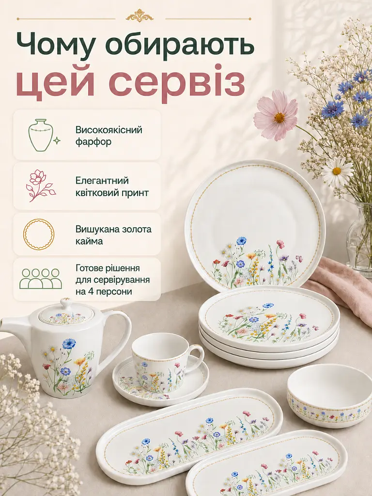 Столовий сервіз порцеляновий 24 предмети на 4 персони з чайником Білий з квітковим принтом (37261986) - фото 5
