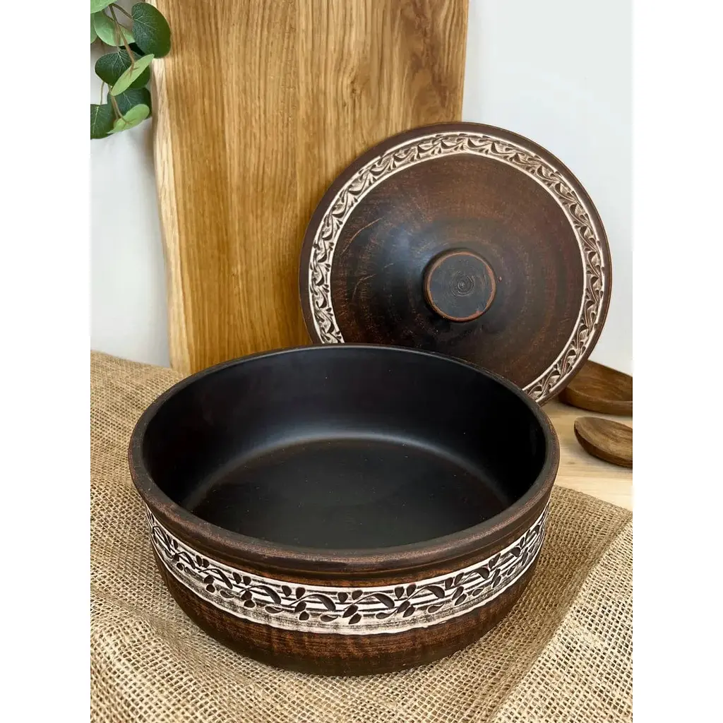 Сковорода 3 літри керамічна (глиняна) з кришкою різьблена   - фото 3