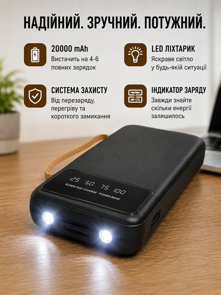 Павербанк з LED-дисплеєм та 4 вбудованими кабелями Micro-USB/Type-C/Lightning/USB TORIMA TRM-1021 20000 мАг Power bank для гаджетів Зовнішній акумулятор з ліхтарем та індикатором заряду Чорний - фото 3