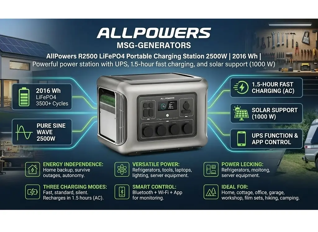 Портативна зарядна станція ALLPOWERS R-2500 2500W 2016Wh LiFePO4, APP Control, Wi-Fi, Bluetooth, MPPT 1000w Max - фото 7