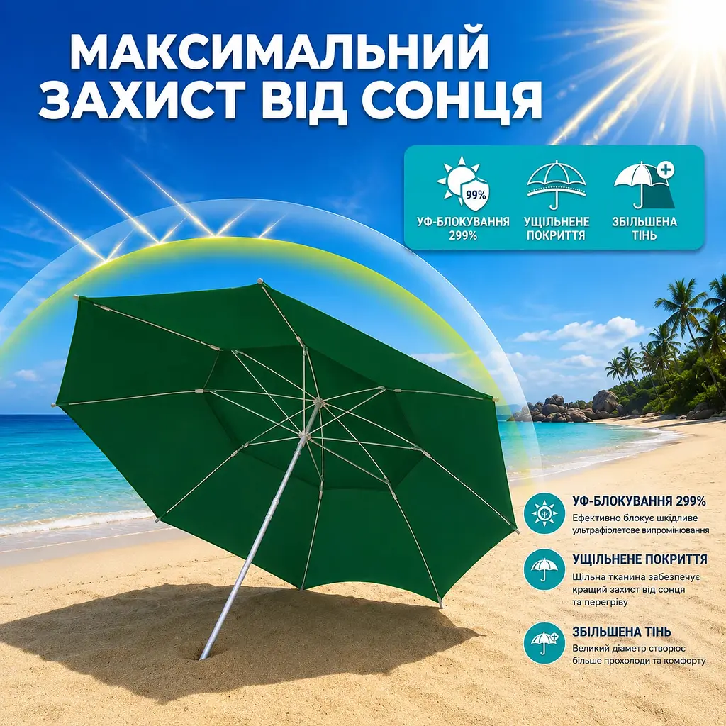 Зелена Садова парасолька з подвійним куполом 220см / Пляжна двоярусна парасолька з регульованою висотою - фото 8