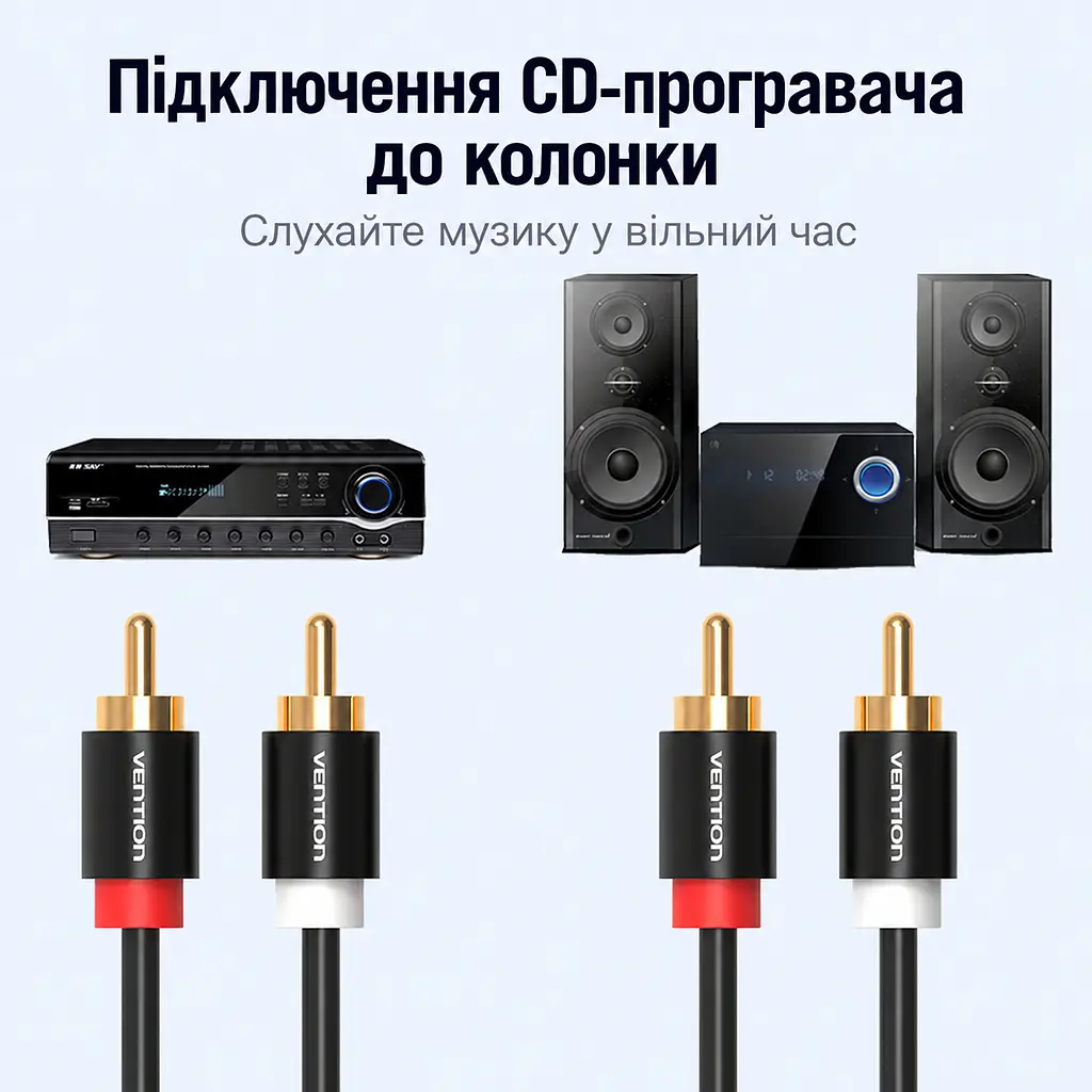 Стереоаудіокабель Vention 3 м тюльпани 2 RCA штекери на 2 RCA штекери позолочені контакти алюмінієві корпуси штекерів чорний (VAB-R06-B300) - фото 6