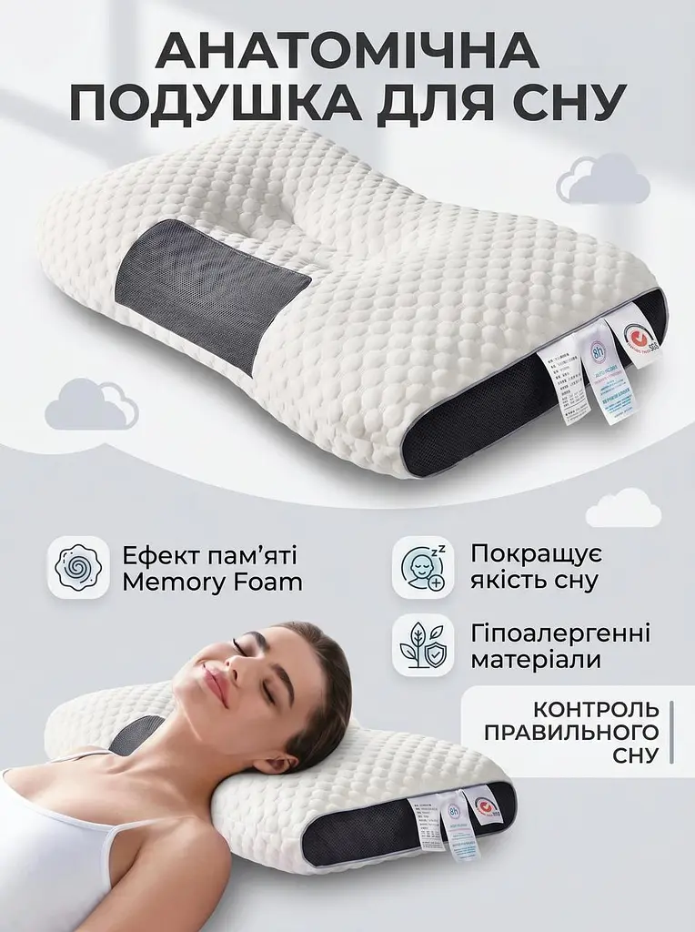 Ортопедична анатомічна подушка для сну з ефектом пам'яті, 40х65 см, біла (56530157) - фото 10