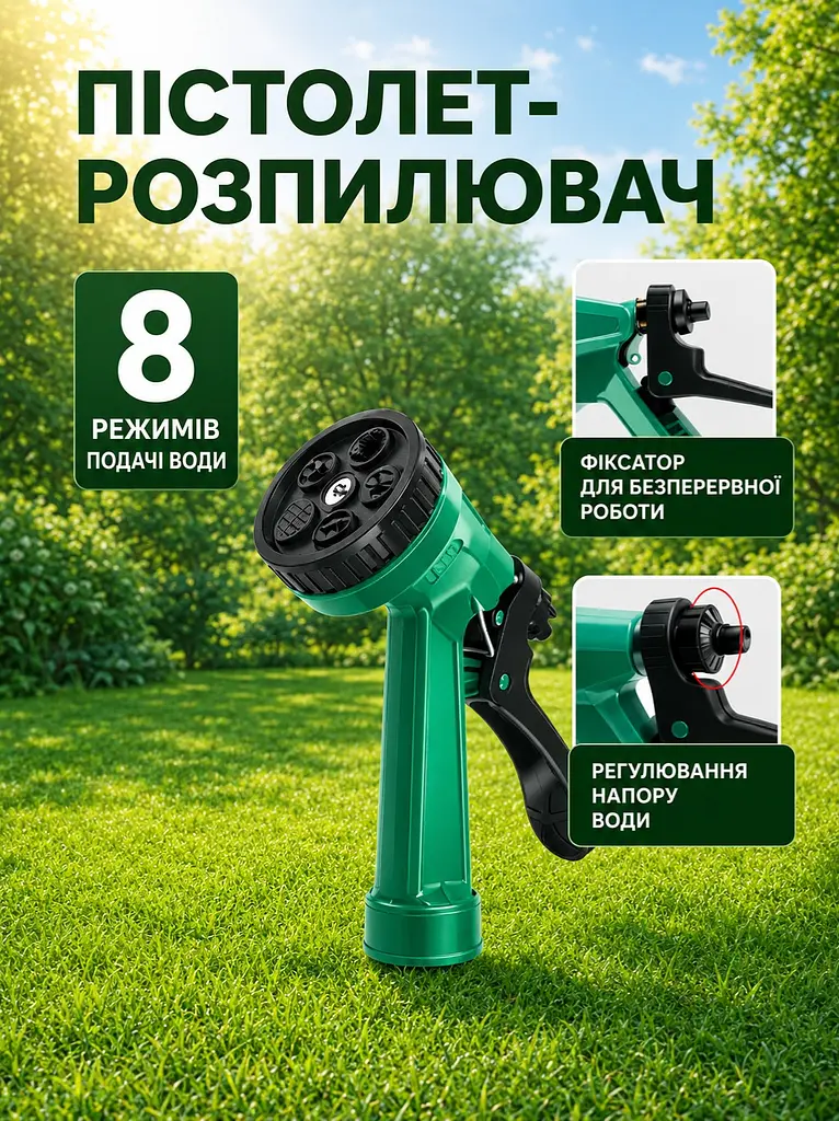 Спіральний шланг для поливу 10 м швидкознімний з розпилювачем на 8 режимів - фото 8