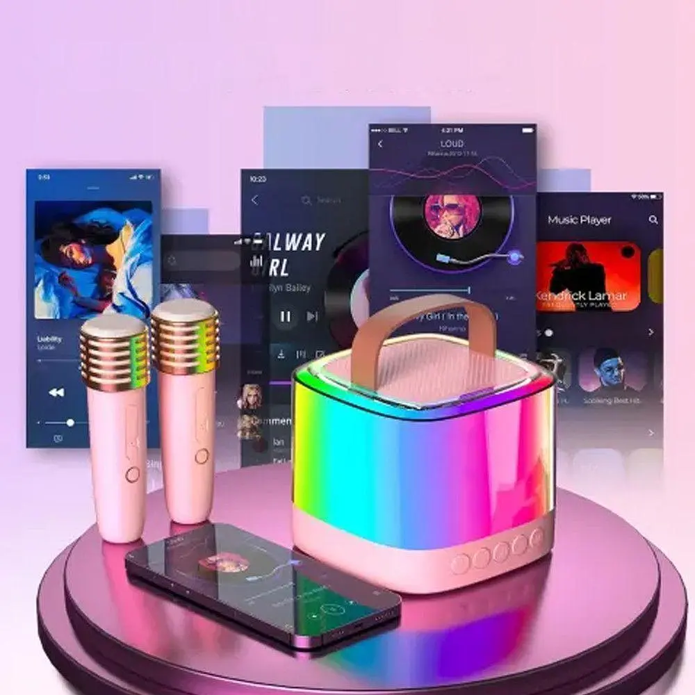 Портативна колонка-караоке + 2 мікрофони, Bluetooth, USB, TF, AUX, T7, Рожевий / Бездротова колонка / Bluetooth-колонка - фото 9