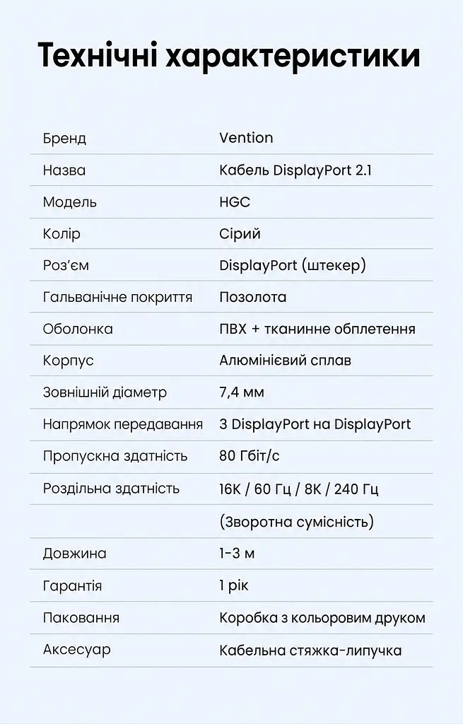 Кабель DisplayPort Vention HGCHI 2.1 16K 60 Гц 3 м сірий (HGCHI) - фото 3