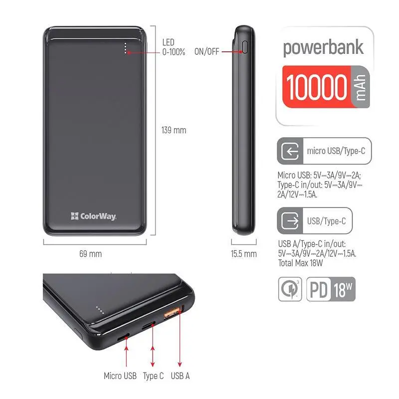 Універсальна мобільна батарея ColorWay Slim PD 10000mAh Чорний (CW-PB100LPG3BK-PD) - фото 5