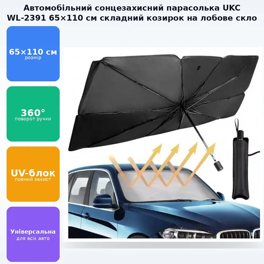 Автомобільна сонцезахисна парасолька 65х110см складаний універсальний козирок на лобове скло захист салону від сонця UKC WL-2391 - фото 3