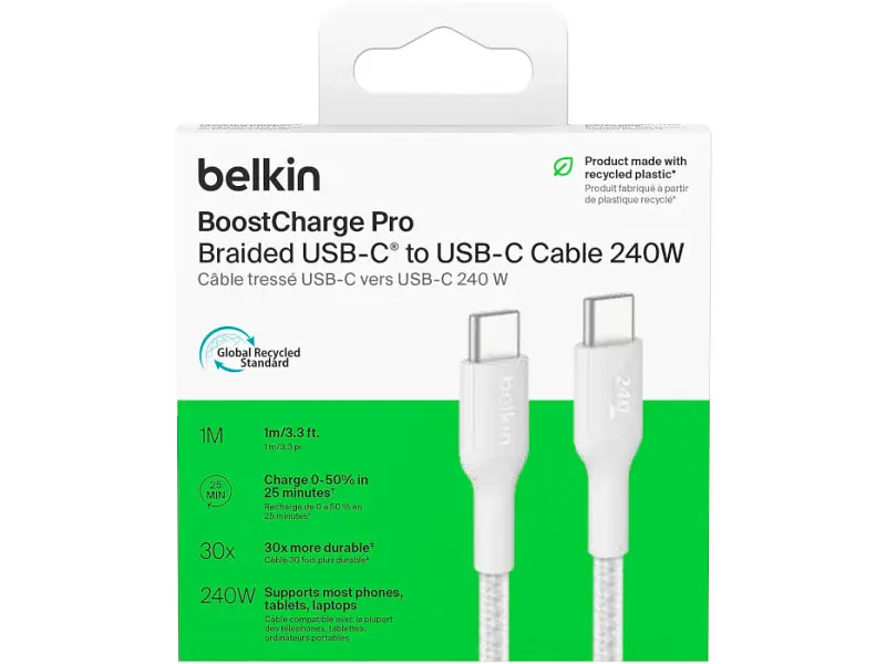 Кабель USB Type-C Belkin Boost Up Charge Pro Braided USB-C to USB-C 240W 1m White (CAB025HQ1MWH) - фото 2