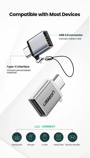 Адаптер UGREEN US270 OTG Type-C to USB 3.0 с карабином Space Gray (50283) - фото 4