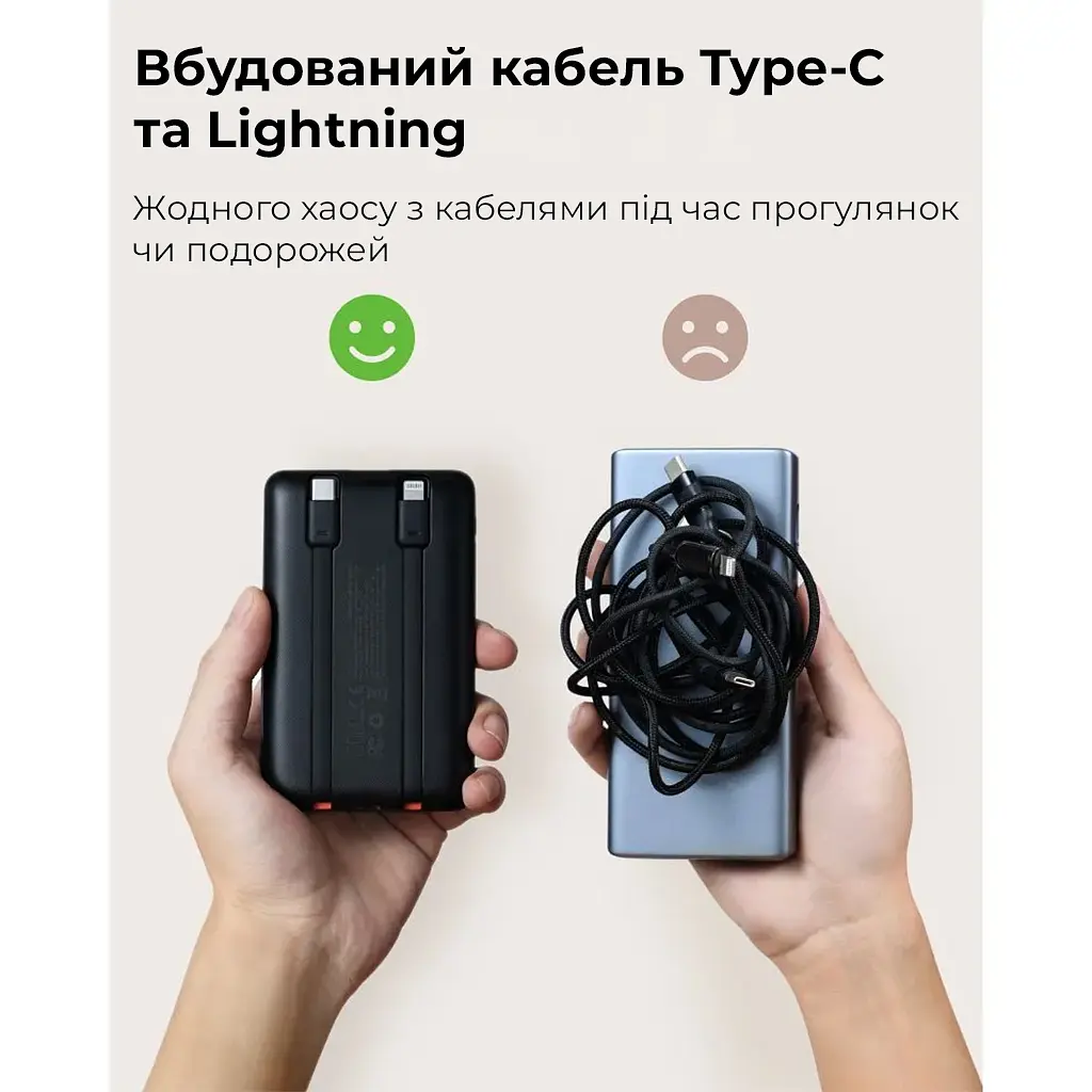 Зовнішній акумулятор VEGER 10000 mAh with built-in cables Type C / Lightning PD QC3.0 2A 22,5W C11 (W1170) black (VG-W1170) - фото 8