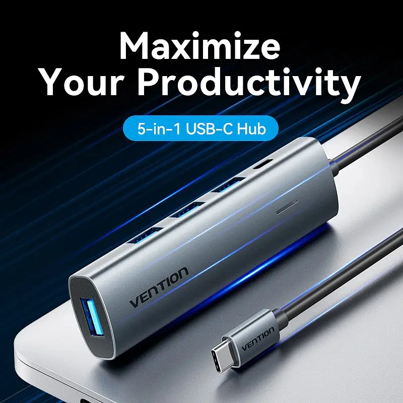 Хаб USB 3.0 Type-C -> 4xUSB 3.0/1xUSB-C, 5Gbps, Чорний Vention - фото 4