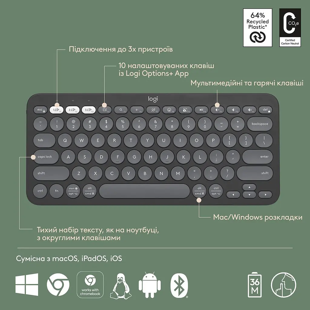 Клавиатура Logitech Pebble Keys 2 K380s Graphite (920-011851) - фото 7