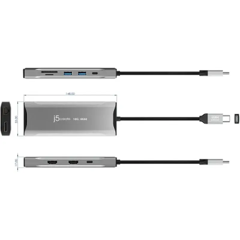 Концентратор J5create USB-C 9-in-1 2xUSB 3.2 + 2xUSB-C PD + 2xHDMI 4K + DisplayPort + SD/TF + RJ45 1000Mbps gray (JCD397-N) - фото 5