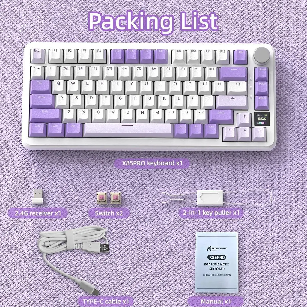 Клавиатура Attack Shark X85 Pro RGB Linear Blueberry Switches Wireless (AS-6972792471105-L) Lavender (G-000004028) - фото 8