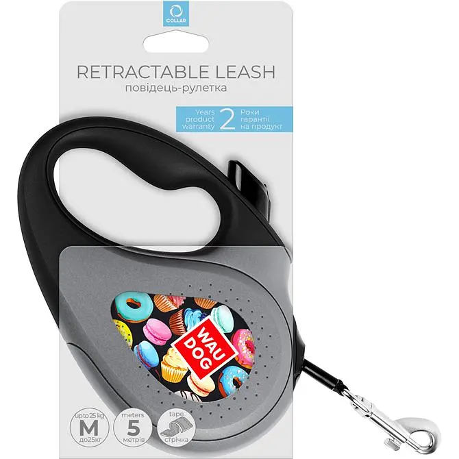 Повідець-рулетка для собак Waudog R-leash Пончики, світловідбиваючий, M, до 25 кг, 5 м, чорний - фото 3