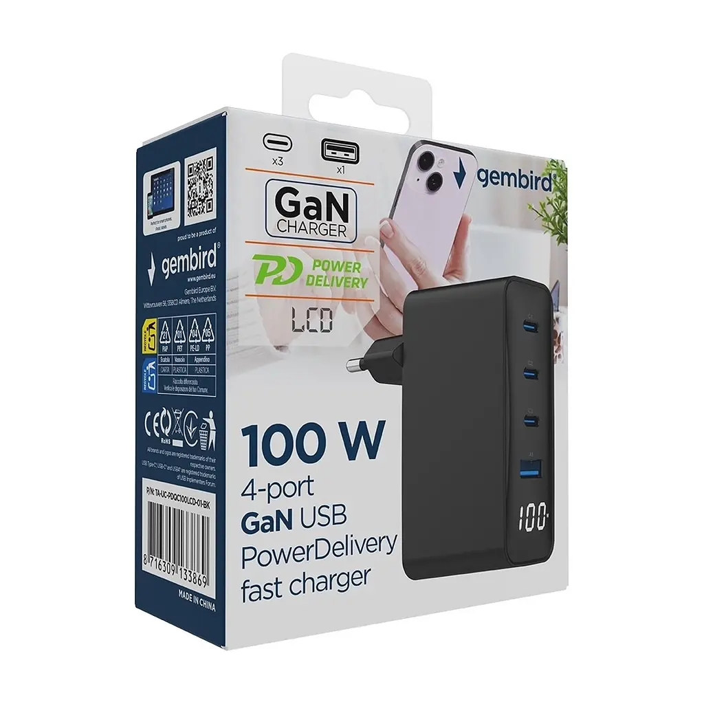Зарядний пристрій Gembird 3xUSB-C PD100W + 1xUSB QC3.0 30W black (TA-UC-PDQC100LCD-01-BK) - фото 6