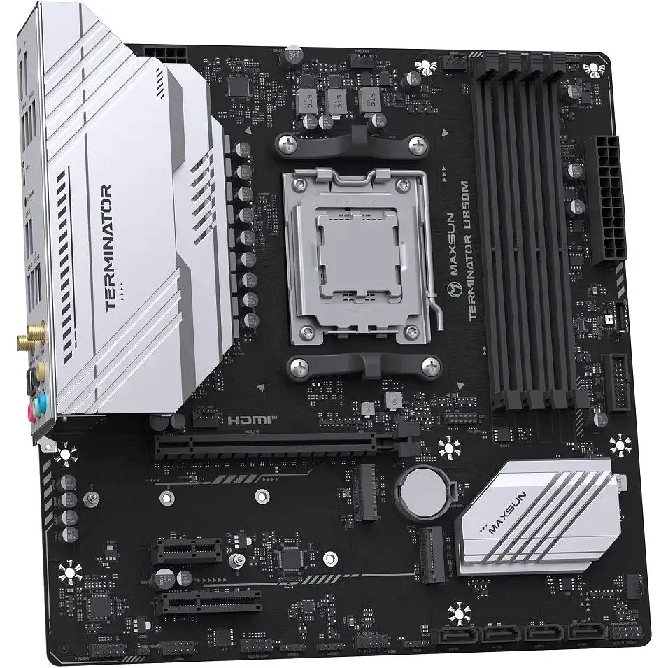 Материнська плата Maxsun Terminator AM5 B850M WIFI, B850, 4xDDR5, Int.Video (CPU), 4xSATA3, 2xM.2, 1xPCI-E 4.0 x16, 1xPCI-E 3.0 x4, 1xPCI-E 3.0 x1, ALC897, RTL8125BG, RTL8852BE, BT5.2, 4xUSB3.2/4xUSB2.0/1xUSB-C, DP/HDMI, Micro ATX - фото 3