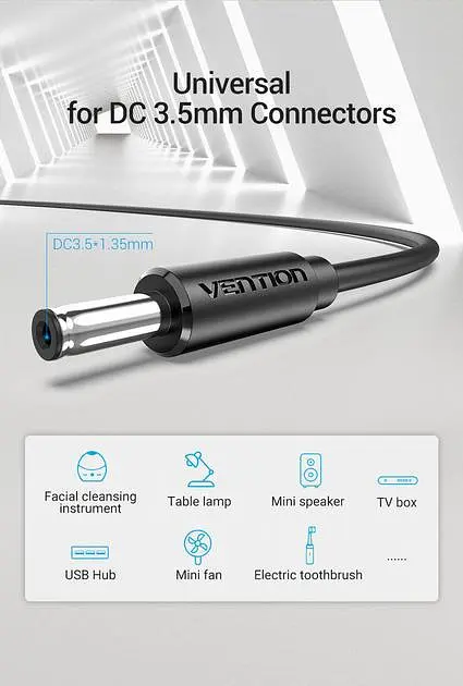 Кабель Vention 1.5м DC 3.5мм - USB 5V 2A для ламп, вентиляторів, USB хабів та ін. USB Type A на 3.5мм х 1.35мм - фото 3