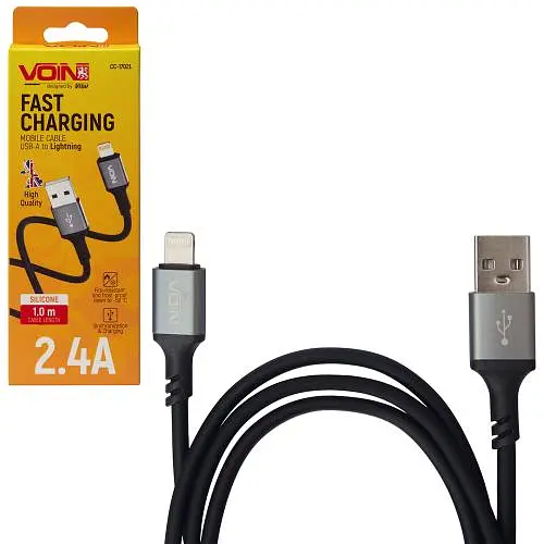 Кабель VOIN CC-1702L USB - Lightning 2.4А, 1m, Black (швидка зарядка/передача даних)