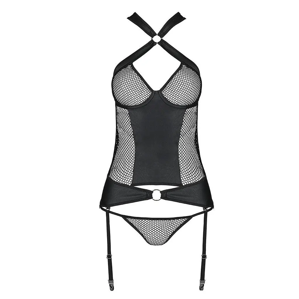 Сітчастий комплект корсет з халтером знімні підв'язки та трусики Passion Amanda CorSet black L/XL - фото 5