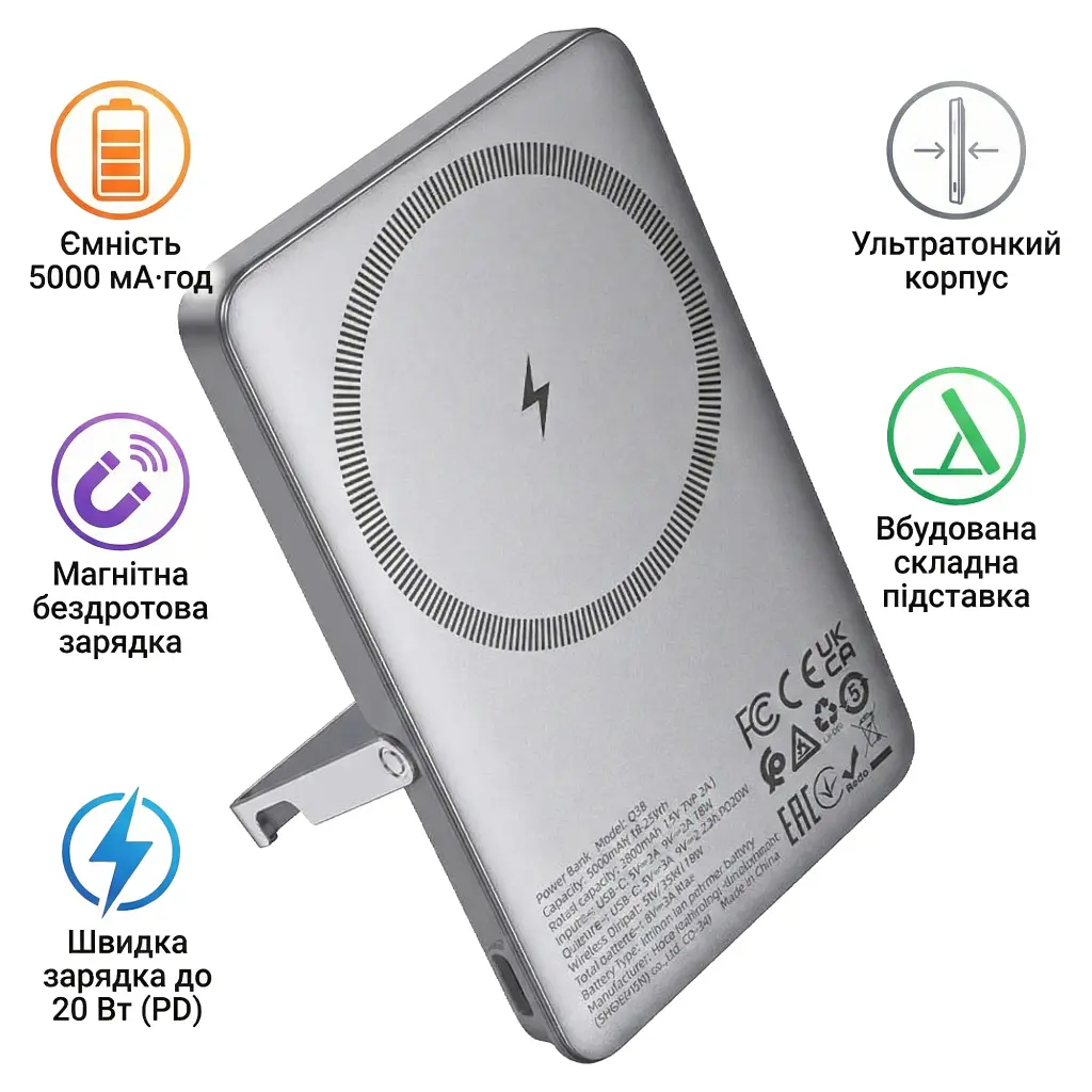 Батарея універсальна HOCO 5000mAh Sunlight PD/20W Magnetic Metal Grey (Q36 / 714986) - фото 2