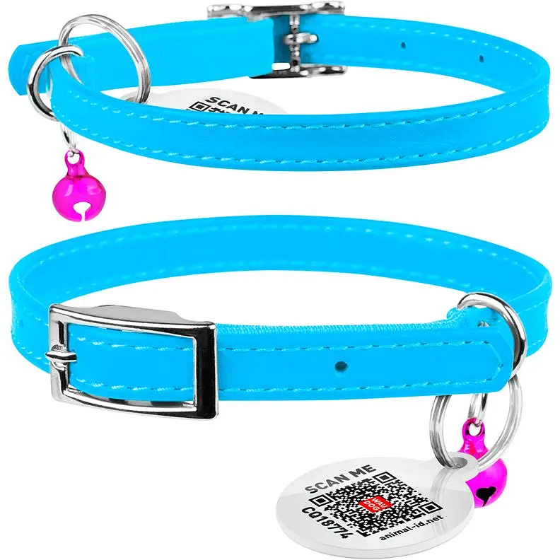 Ошейник для кошек Waudog Glamour кожаный с эластичной вставкой и QR паспортом 22-30х0.9 см голубой - фото 3