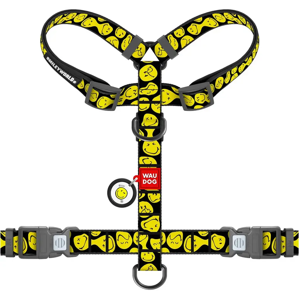 Шлея для собак Waudog Nylon анатомічна H-подібна з QR-паспортом розмір S 1.5х30-45х36-45 см смайли на чорному  - фото 2