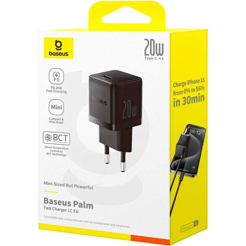 Мережевий зарядний пристрій Baseus Palm Fast Charger 20W + Cable USB-C to Lightning 20W 1m Black (E0116401) [168065] - фото 6