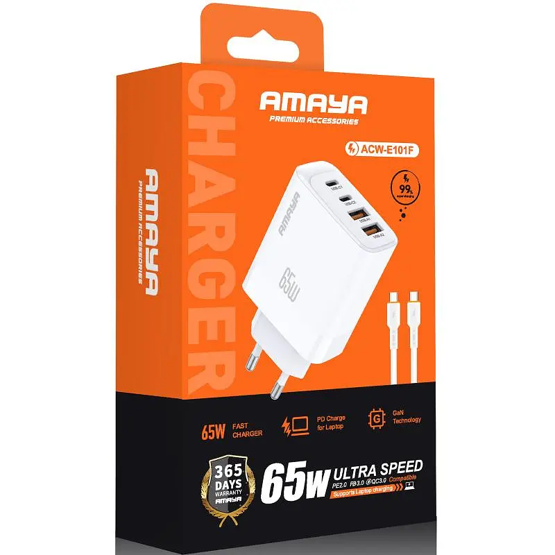 МЗП E101F PD65W+QC3.0 GaN (2USB-A/2C) + кабель Type-C to Type-C White Amaya teh0029680 - фото 2