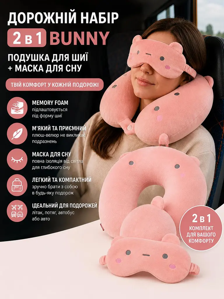 Дорожній набір 2 в 1 Bunny подушка U подібна для шиї та маска для сну комплект для подорожей Рожевий - фото 5