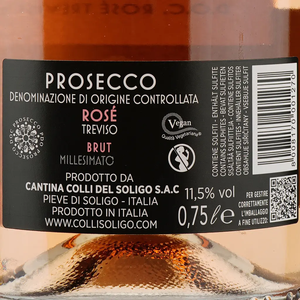 Вино ігристе Soligo Prosecco Treviso Millessimato Rose, рожеве, брют, 11,5%, 0,75 л (95836) - фото 3