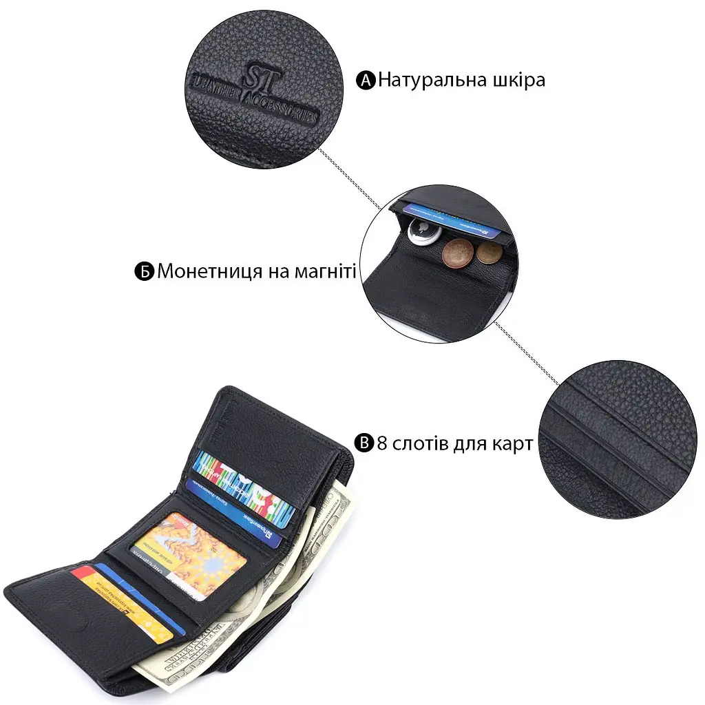 Красиве жіноче портмоне з монетницею з натуральної шкіри ST Leather 22728 чорне - фото 8