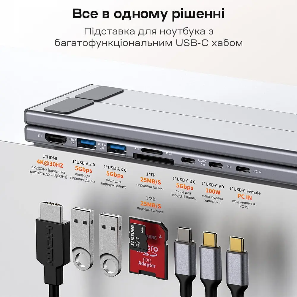 USB-C хаб-підставка 7-в-1 Choetech M57 HDMI 4K@30Hz, 2 USB 3.0, USB-C Data, USB-C PD 100W, SD-card, TF-card (43-00174) - фото 4