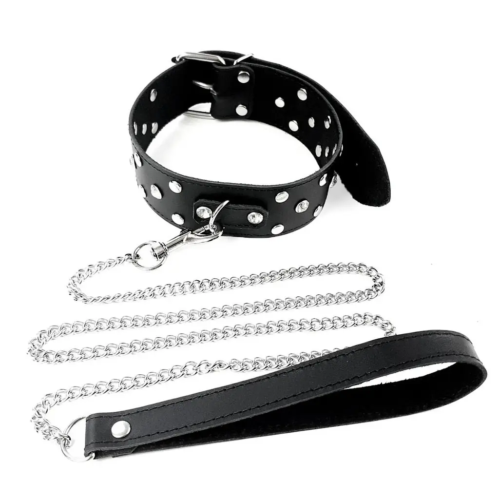 Нашийник з повідцем із натуральної шкіри із заклепками Art of Sex - Jenna Collar with Leash, чорний - фото 2