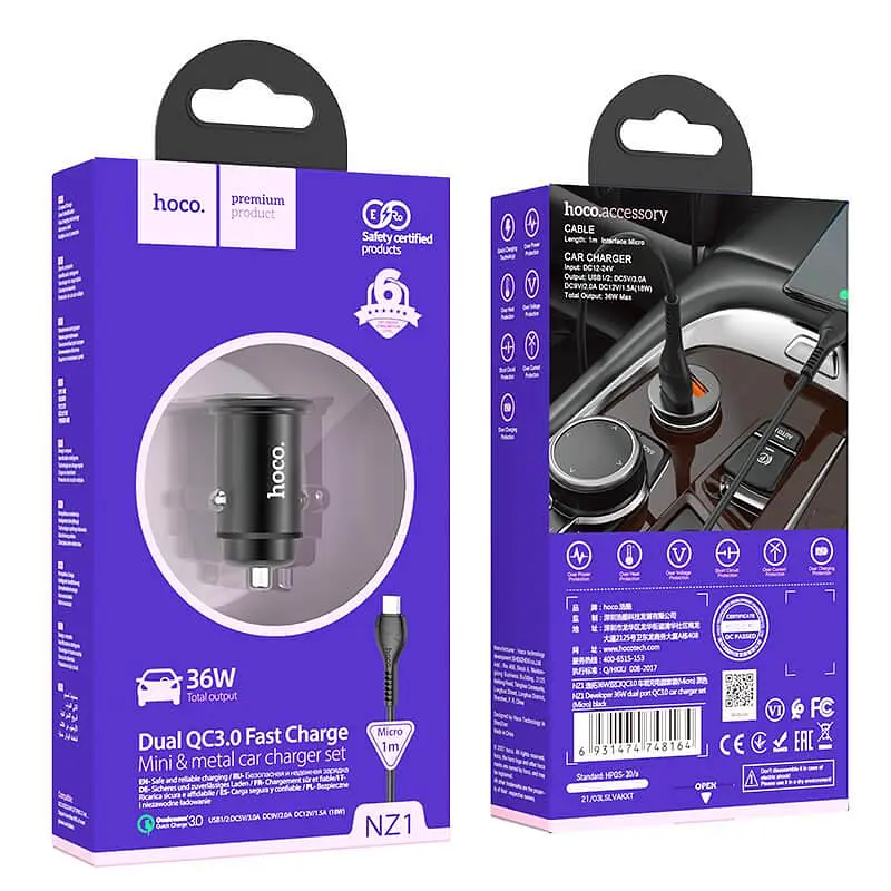 Адаптер автомобильный HOCO Micro USB Cable Developer dual port car charger set NZ1 36W набор черный - фото 6