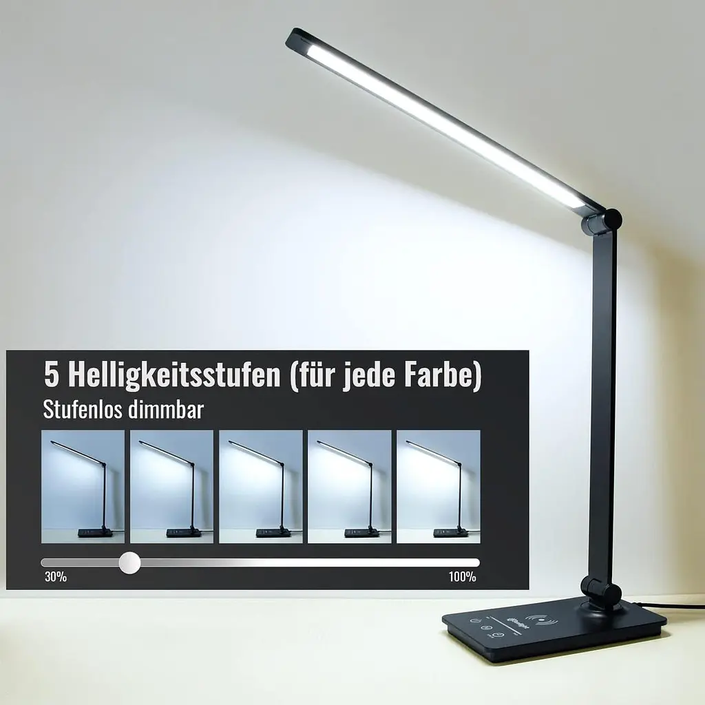 Настільна LED-лампа з бездротовою зарядкою, USB та регулюванням яскравості - фото 3