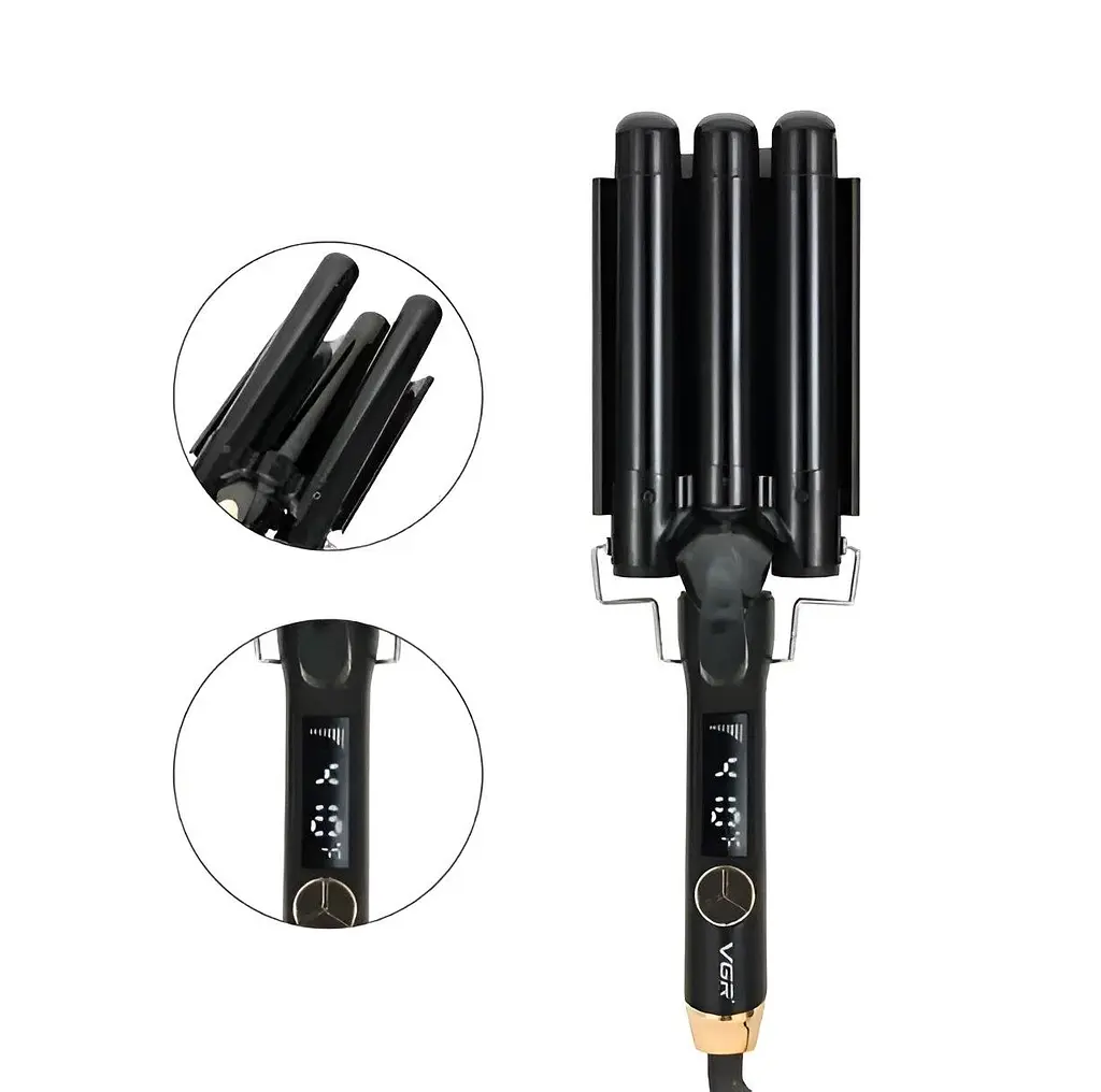 Потрійна плойка VGR V-591 для волосся 3 хвилі 125Вт щипці потрійні для великих локонів кераміка LED дисплей Чорний - фото 2