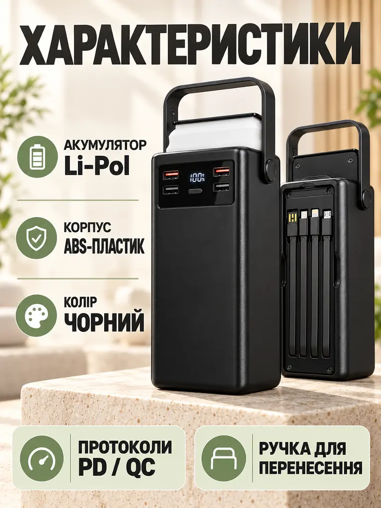 Портативний акумулятор 60000 mAh 22.5W зі швидкою зарядкою та LED-ліхтарем для смартфонів Чорний (37261159) - фото 7
