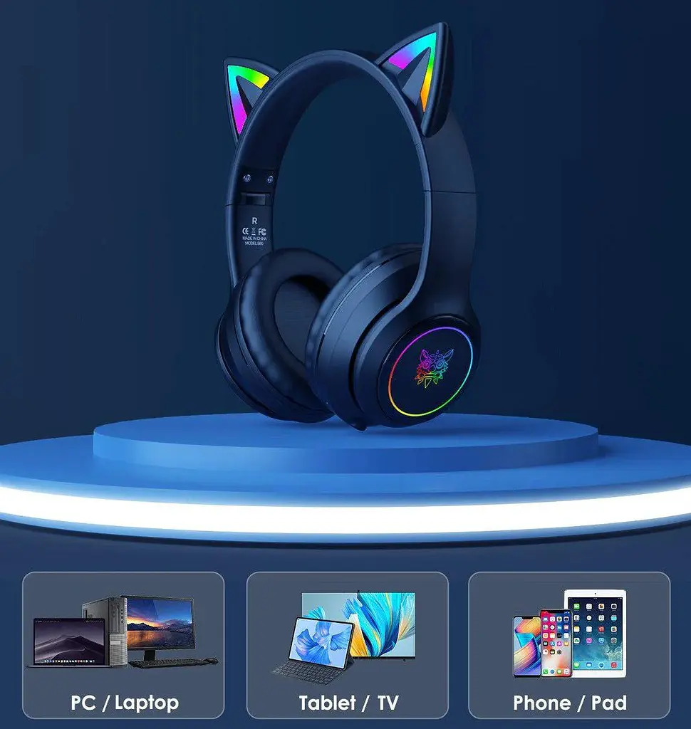 Ігрові Bluetooth навушники Onikuma з котячими вушками, RGB підсвіткою та мікрофоном - фото 3