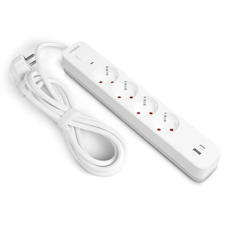Мережевий подовжувач VIDEX ONCORD з/з 4п 3м (3x1.5мм) 3.4А USB(QC3.0) +USB-C(PD20W) з кнопкою White VIDEX (27695-000) - фото 2