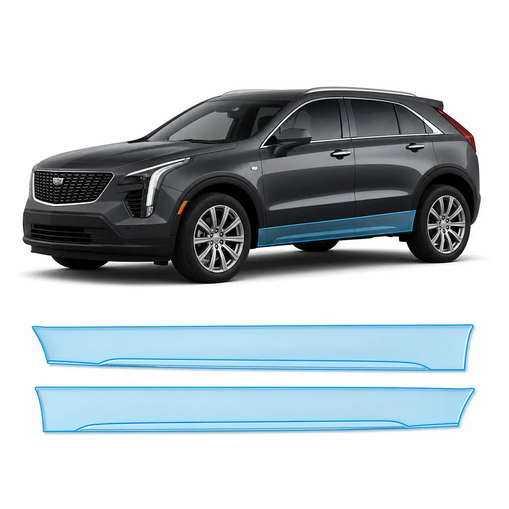 Антигравійна захисна бронеплівка за лекалами для Cadillac XT4 I 2019-2023 - нижня зона кузова пороги