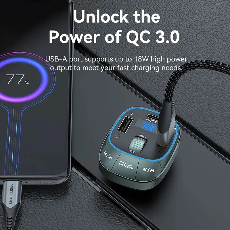 Автомобільний FM-трансмітер Vention PD 54W 3-Port USB (C+A+A) LED/USB Flash/Bluetooth, вольтметр - фото 10